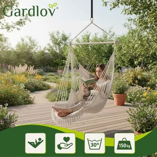 Подвесное кресло-гамак GARDLOV 2в1 Бохо, кресло-качели садовое бразильское с подножкой, бежевый - изображение 7