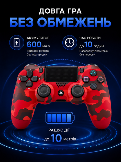 Джойстик ігровий універсальний для Sony PlayStation PS3 PS4 ПК iOS Android TV Windows бездротовий Doubleshock Bluetooth геймпад Sony Плейстейшен PS3 PS4 ПК комп'ютера Андроїд TV з подвійною вібрацією сенсором аудіо динаміком + зарядним червоний камуфляж - зображення 2