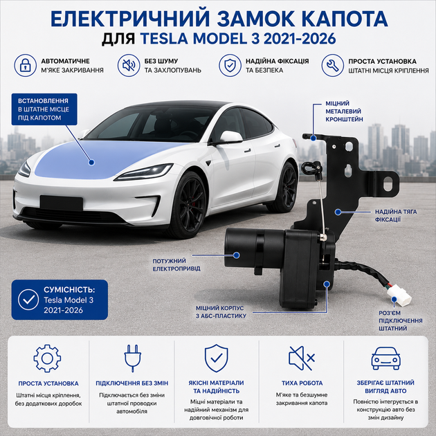 Электрический замок с мягкой дотяжкой капота для Tesla Model 3 2021–2026 - изображение 2