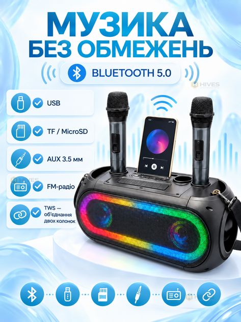 Портативна Bluetooth-колонка 16 Вт з 2 мікрофонами, караоке, LED-підсвіткою, TWS, FM-радіо, USB, TF, AUX, 2 динаміки 4″, акумулятор 3600 мА·год - зображення 4