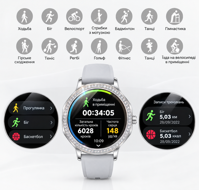 Жіночий смарт-годинник Premium Silver 1,32″ AMOLED, 466×466, Bluetooth 5.3, 100+ спортивних режимів, IP68, 2 ремінці - зображення 3
