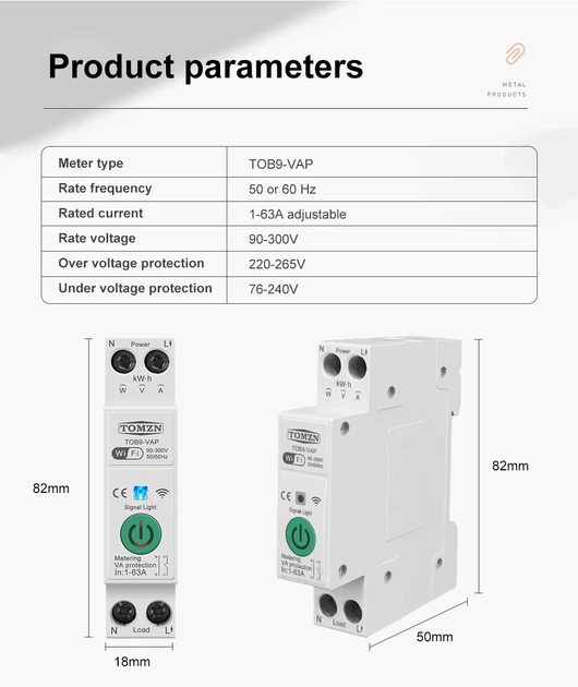 Умный автоматический выключатель Tuya Wi-Fi с защитой TOMZN TOB9-VAP 1P+N 110/220V 1–63A Цифровое реле со счетчиком (19645) - изображение 14