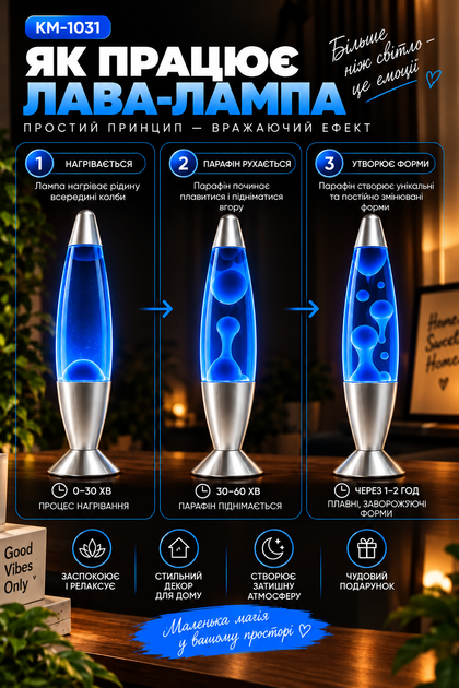Настольная лава-лампа с парафином Lava lampe KM1031 41 см, синяя/прозрачная - изображение 4