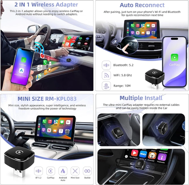 Беспроводной адаптер LEXXSON 2-в-1 для Apple CarPlay и Android Auto с Bluetooth 5.2 и двухдиапазонным Wi-Fi - изображение 5