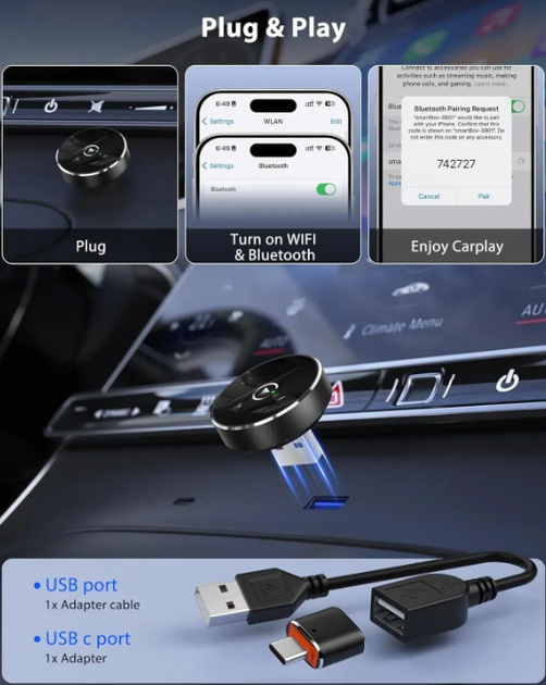 Беспроводной адаптер CarPlay для iPhone с Wi-Fi 5,8 ГГц и Bluetooth 5.3 - изображение 4