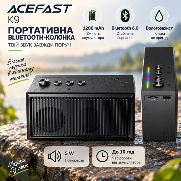 Портативна колонка ACEFAST K9 Go 1200 mAh 10 год IPX4 вологозахист Чорний (6974316286301) - зображення 3