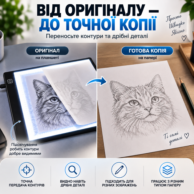 LED планшет A4 для копирования и переноса изображений 30×20 см с подсветкой, 3 уровня яркости, USB 5V - изображение 3