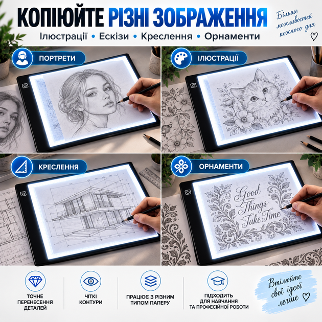 LED планшет A4 для копирования и переноса изображений 30×20 см с подсветкой, 3 уровня яркости, USB 5V - изображение 4