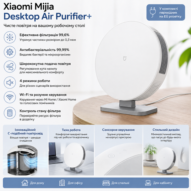 Настольный очиститель воздуха Xiaomi модели Mijia Desktop Air Purifier с управлением через приложение - изображение 2