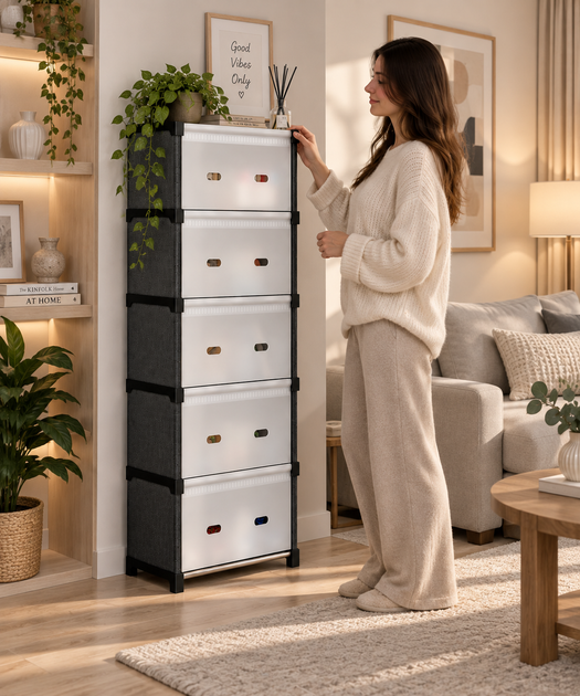Комод дитячий пластиковий WFB06D (42x29x170 см), високий вузький збірний шафа-органайзер з 5 шухлядами та верхньою полицею - зображення 5