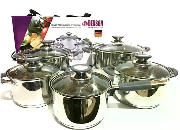 Набор кастрюль Benson из нержавеющей стали 10 предметов (BN-192) - Фото 2 Набор кастрюль Benson из нержавеющей стали 10 предметов (BN-192) - изображение 2