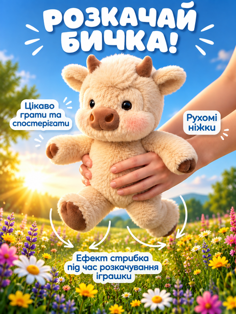 М'яка плюшева іграшка Теля, що бігає, 40 см, інтерактивна іграшка з рухомими ніжками, бежева - изображение 6