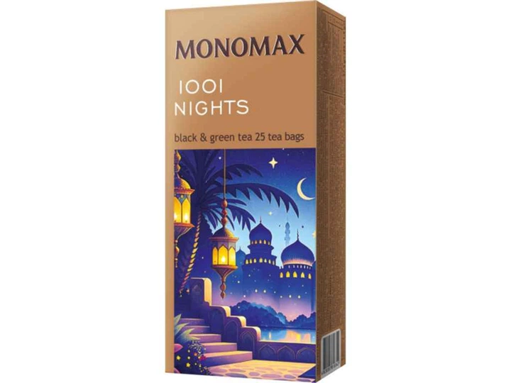 Суміш чаю пакетованого МОНОМАХ 1001 NIGHTS чорного та зеленого з ароматом винограду 1,5г в інд.конв. 25 пакетиків - Фото 1 Суміш чаю пакетованого МОНОМАХ 1001 NIGHTS чорного та зеленого з ароматом винограду 1,5г в інд.конв. 25 пакетиків - изображение 1