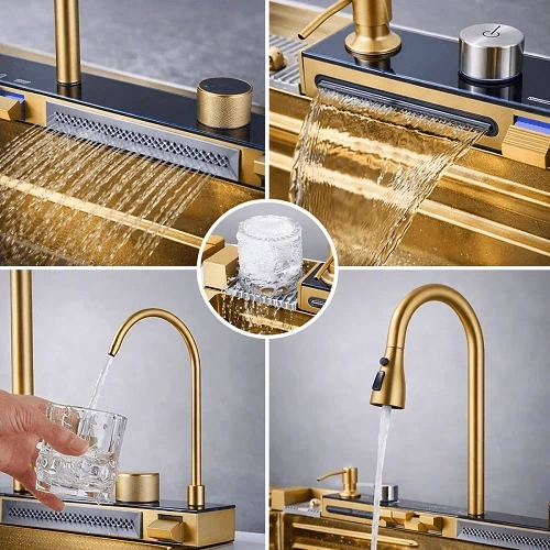 Кухонная мойка VALESO Handmade 7545 PVD Gold Decor 750×450×220 мм с водопадом, смесителем и аксессуарами золотая - изображение 5