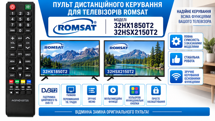 Пульт дистанційного керування для телевізора ROMSAT модель 32HX1850T2 - зображення 2