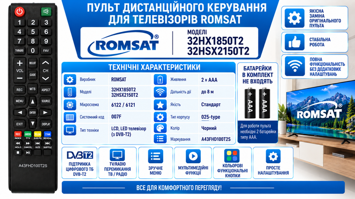 Пульт дистанційного керування для телевізора ROMSAT модель 32HX1850T2 - зображення 3