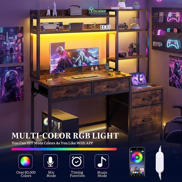 Компьютерный стол YITAHOME, для геймеров с LED-подсветкой, коричневый - Фото 7 Компьютерный стол YITAHOME, для геймеров с LED-подсветкой, коричневый - изображение 7