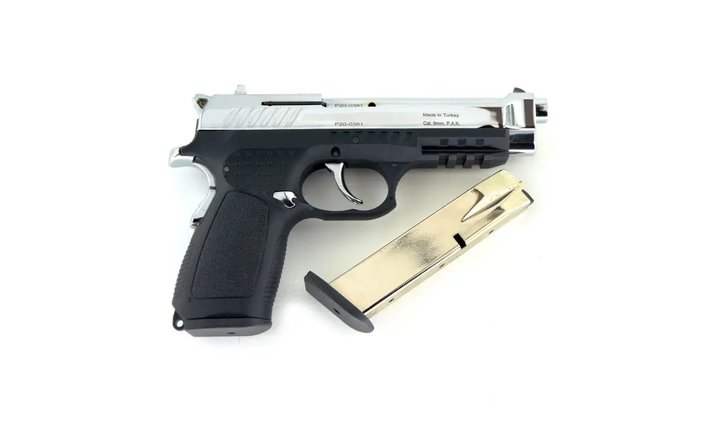 Стартовый пистолет Kuzey F92 shiny chrome, с доп. магазином (Beretta 92) - изображение 3