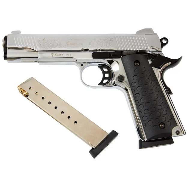 Стартовый пистолет Kuzey 911 engraved matte chrome, черные ручки, с доп. магазином (Colt 1911) - Фото 2 Стартовый пистолет Kuzey 911 engraved matte chrome, черные ручки, с доп. магазином (Colt 1911) - изображение 2