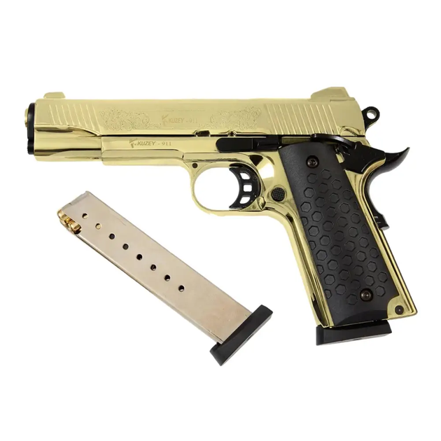 Стартовый пистолет Kuzey 911 gold, черные ручки, с доп. магазином (Colt 1911) - Фото 2 Стартовый пистолет Kuzey 911 gold, черные ручки, с доп. магазином (Colt 1911) - изображение 2