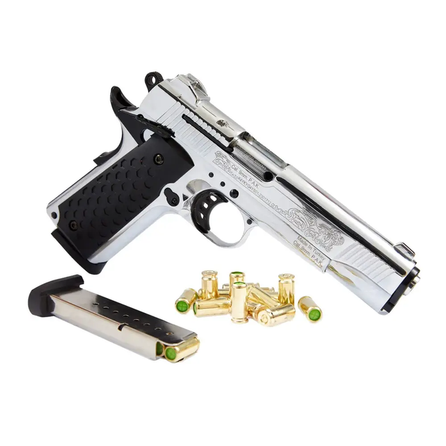 Стартовый пистолет Kuzey 911 engraved matte chrome, черные ручки, с доп. магазином (Colt 1911) - Фото 3 Стартовый пистолет Kuzey 911 engraved matte chrome, черные ручки, с доп. магазином (Colt 1911) - изображение 3
