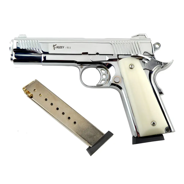 Стартовый пистолет Kuzey 911 shiny chrome, белые ручки, с доп. магазином (Colt 1911) - Фото 2 Стартовый пистолет Kuzey 911 shiny chrome, белые ручки, с доп. магазином (Colt 1911) - изображение 2