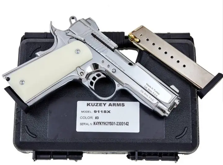 Стартовый пистолет Kuzey 911 SX shiny chrome, белые ручки, с доп. магазином (Colt 1911) - Фото 3 Стартовый пистолет Kuzey 911 SX shiny chrome, белые ручки, с доп. магазином (Colt 1911) - изображение 3