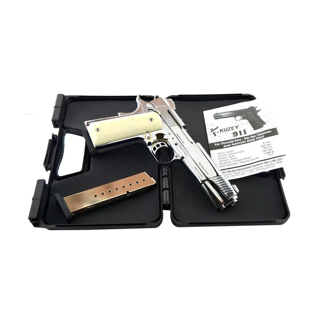 Стартовый пистолет Kuzey 911 shiny chrome, белые ручки, с доп. магазином (Colt 1911) - Фото 4 Стартовый пистолет Kuzey 911 shiny chrome, белые ручки, с доп. магазином (Colt 1911) - изображение 4