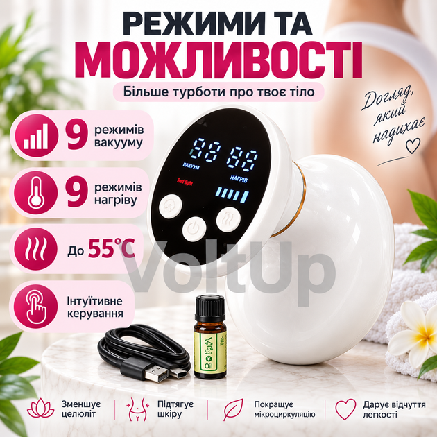 Вакуумний масажер Cupping Massager для тіла з підігрівом до 55°C 9 режимів вакууму роликовий механізм акумулятор 1800 мА·год - зображення 2