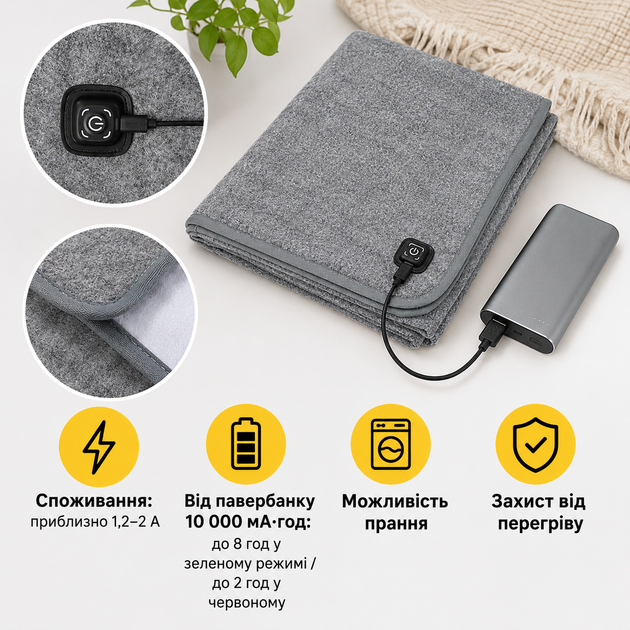 Электропростынь с подогревом USB 160×80 см серая – электроплед от павербанка с 3 режимами нагрева - изображение 4