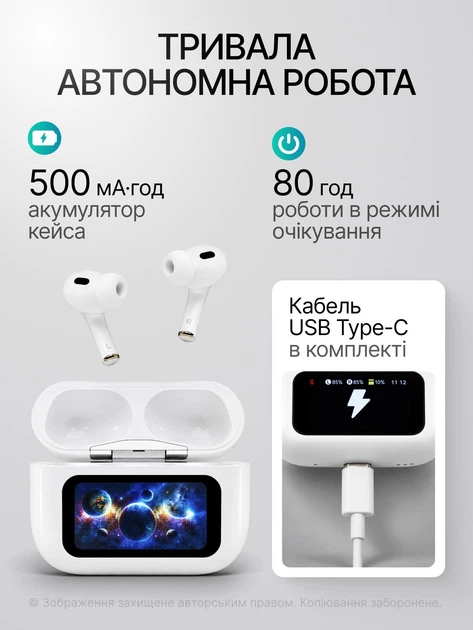 Беспроводные вакуумные блютуз наушники Lexego Air 9 Pro 2 для IOS и Android с сенсорным экраном и шумопоглощением ANC Bluetooth White A9Pro5-W - изображение 5