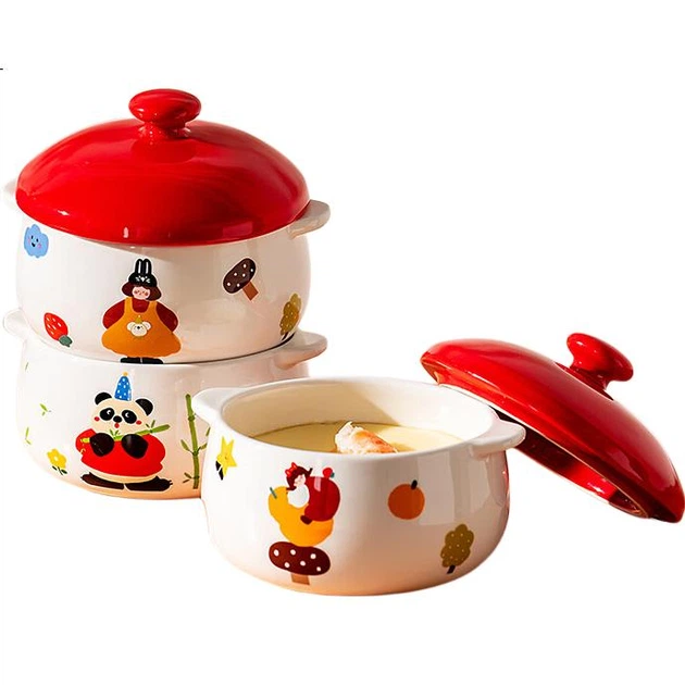 Керамическая миска Onlycook с двумя ушками и крышкой, миска для приготовления яиц на пару, кастрюля для тушения, детская дополнительная еда, паровая миска «Птичье гнездо», супница, маленькая суповая чашка, желтая. - изображение 3