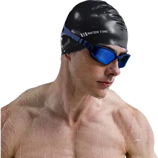 Шапочка для плавания WATERTIME, силиконовая шапочка для плавания, водонепроницаемая, не сдавливает, с увеличенными защитными накладками на уши, модная классическая тренировочная шапочка, черная. - изображение 3
