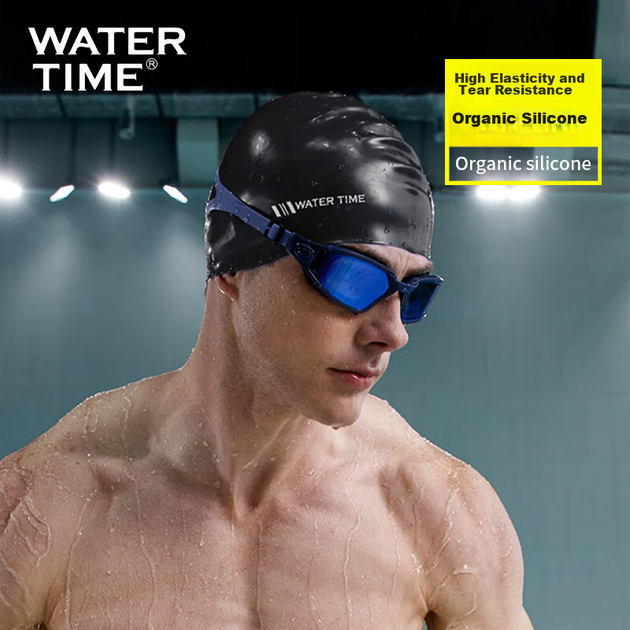 Шапочка для плавания WATERTIME, силиконовая шапочка для плавания, водонепроницаемая, не сдавливает, с увеличенными защитными накладками на уши, модная классическая тренировочная шапочка, черная. - изображение 7