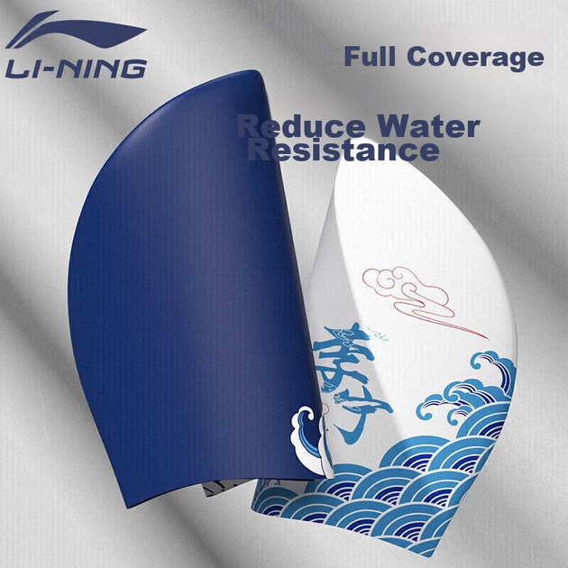 Плавательная шапочка Li-Ning, силиконовая водонепроницаемая шапочка для плавания с длинными волосами, подходит для мужчин и женщин, модная, с принтом, удобная, не сдавливает. LNMT521-1, белая. - изображение 6