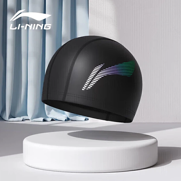 Шапочка для плавання Li-Ning для чоловіків та жінок, простий дизайн, ПУ покриття, водонепроникна шапочка для довгого волосся, захист вух, зручна посадка, не щільно прилягає до голови, LNMT619-3 чорного кольору - изображение 4