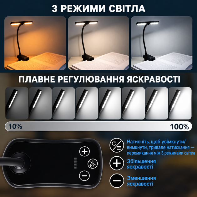 Лампа для читання книг 14 LED акумуляторна, прищіпка, 8 рівнів яскравості, USB Type-C - зображення 4