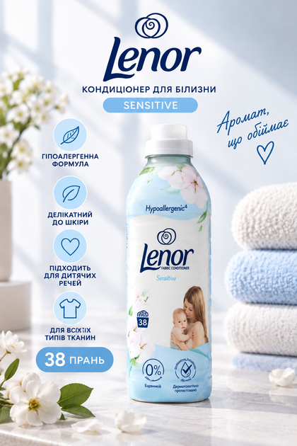 Кондиціонер для білизни Lenor Для чутливої шкіри, 798 мл - Фото 1 Кондиціонер для білизни Lenor Для чутливої шкіри, 798 мл - зображення 1