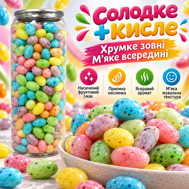 Фруктові драже з кислинкою 450 г жувальні цукерки з фруктовим смаком кисло-солодкі солодощі власного виробництва м’які драже з хрумким цукровим покриттям до чаю кави - зображення 2