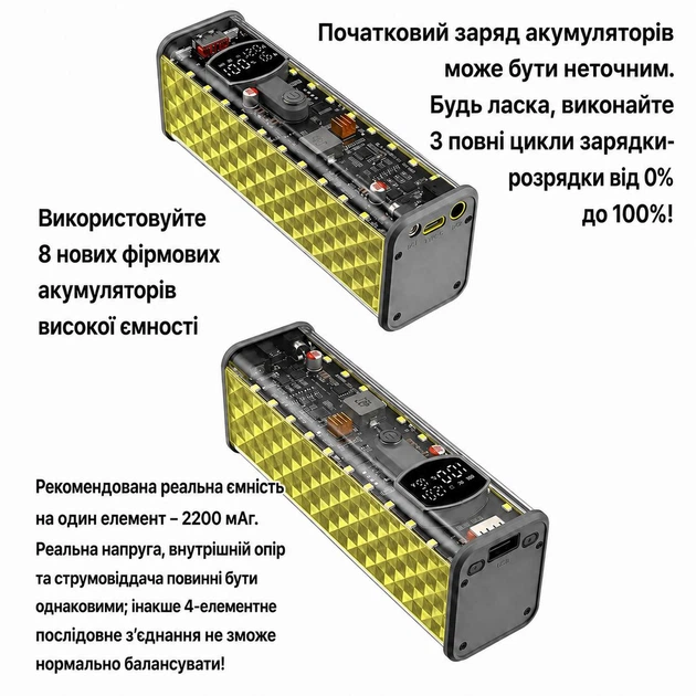 Корпус для складання Power Bank 65W на 8 акумуляторів 18650, підтримка заряджання ноутбуків, PD 3.1, USB, Type-C, DC 3.3-24V, дисплей, LED-підсвітка, жовтий - изображение 6