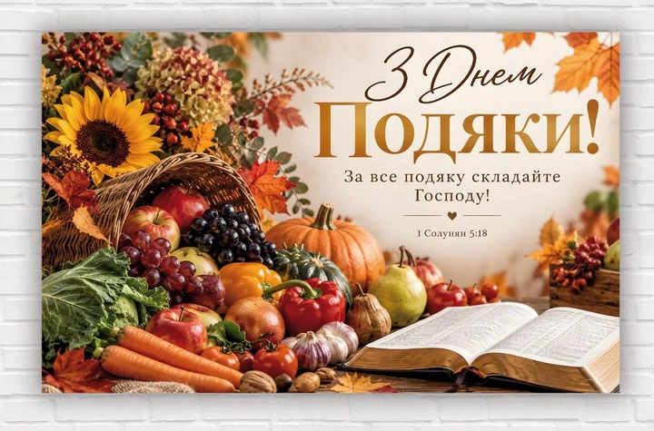 Бумажный плакат в день благодарения. Праздник Жатвы "1 Фессалоник 5:18" 120х75 см - Фото 1 Бумажный плакат в день благодарения. Праздник Жатвы "1 Фессалоник 5:18" 120х75 см - изображение 1