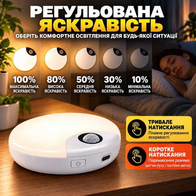Світильник світлодіодний нічник бездротовий із датчиком руху з акумулятором для коридору кухні ванної кімнати автоматичне увімкнення вночі - зображення 6