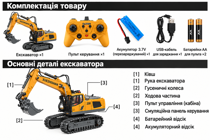 Детский игрушечный гусеничный экскаватор на радиоуправлении со звуком и светом с металлическим ковшом - изображение 9