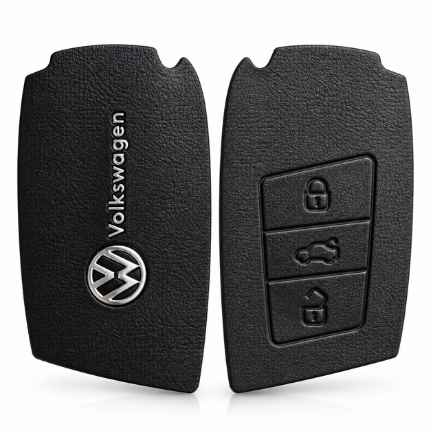 Чехол для ключа Volkswagen 3 кнопки металлический с экокожей и брелоком-карабином, черный - Фото 6 Чехол для ключа Volkswagen 3 кнопки металлический с экокожей и брелоком-карабином, черный - изображение 6