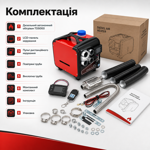 Дизельный автономный обогреватель 5кВт 12В 24В 220В TD5000 отопитель для авто кемпера гаража с пультом - изображение 8