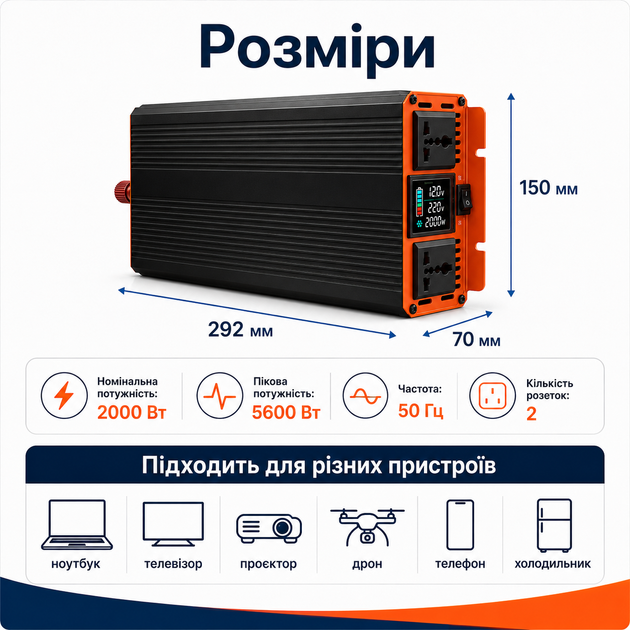 Инвертор напряжения 12V 220V 2000Вт преобразователь чистая синусоида 5600Вт для аккумулятора аварийное питание - изображение 3