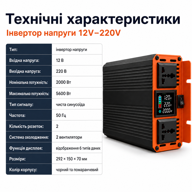 Инвертор напряжения 12V 220V 2000Вт преобразователь чистая синусоида 5600Вт для аккумулятора аварийное питание - изображение 6