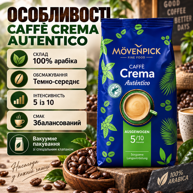 Кофе в зернах Movenpick 1010 г 100% арабика зерновой кофе темно-средней обжарки интенсивность 5 из 10 натуральный кофе со сбалансированным вкусом бархатистой кремой для эспрессо капучино латте - изображение 2