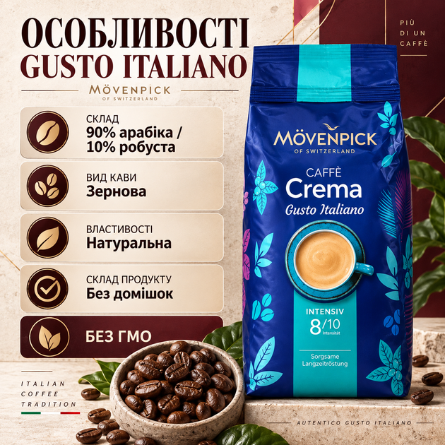 Зерновой кофе Movenpick 1015 г натуральный кофе 90% арабика 10% робуста купаж темной обжарки с легкой горчинкой карамельными нотками золотистой кремой для эспрессо американо - Фото 2 Зерновой кофе Movenpick 1015 г натуральный кофе 90% арабика 10% робуста купаж темной обжарки с легкой горчинкой карамельными нотками золотистой кремой для эспрессо американо - изображение 2