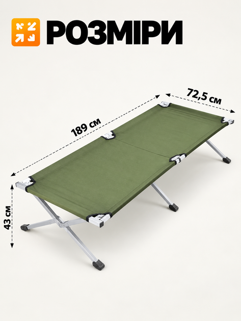 Розкладачка Ranger Military Steel, похідне ліжко 189×72,5 см, сталева рама, Oxford 600D, до 120 кг, зелена - изображение 2